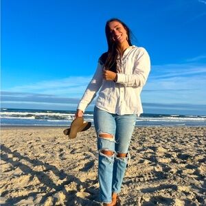 Women's Light Blue Distressed Jeans- curvy high-rise mom